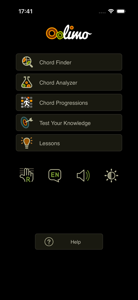 Main menu of the Oolimo guitar chords app featuring buttons for Chord Finder, Analyzer, Progressions, Knowledge Test, and Lessons on a dark interface.