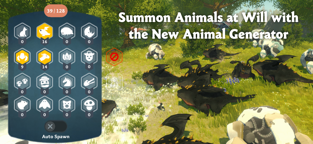 Interface of the animal generator in Wilderless allowing users to summon various creatures into the open world