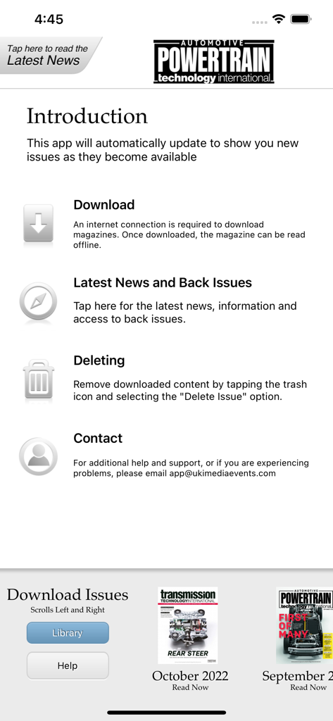 Automotive Powertrain Tech Int - Automotive Powertrain Tech Internationalアプリの紹介画面。雑誌のダウンロードオプションと技術出版物が表示されます。