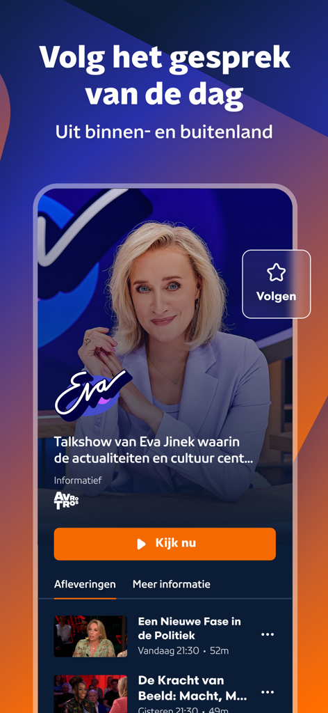 Interfaz móvil de la aplicación NPO Start que muestra un programa de entrevistas con la presentadora Eva Jinek y un botón de llamada a la acción