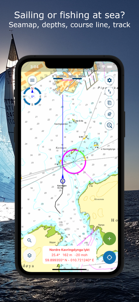 Norgeskart friluftsliv - Norgeskart friluftsliv app showing nautical maps with sea depths and course lines for sailing.