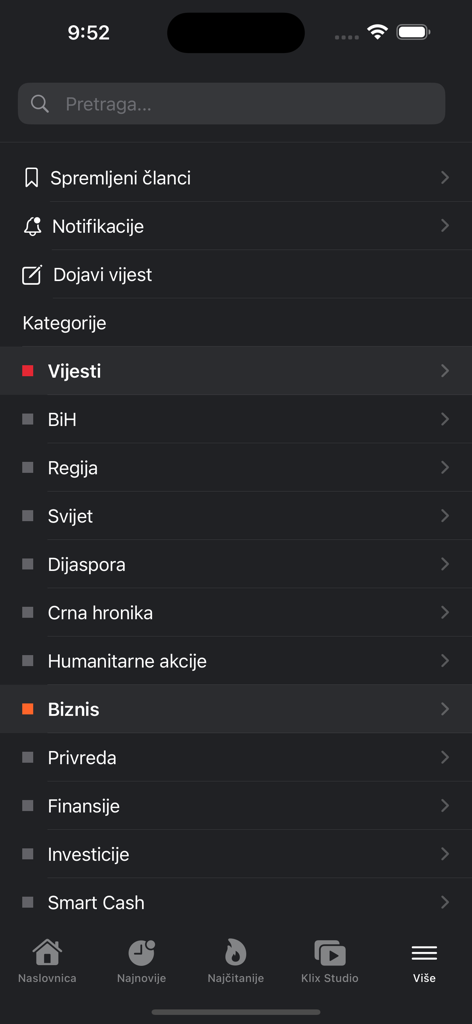 Pantalla del menú de la aplicación de noticias Klix.ba en modo oscuro mostrando categorías de noticias para Bosnia y la diáspora.