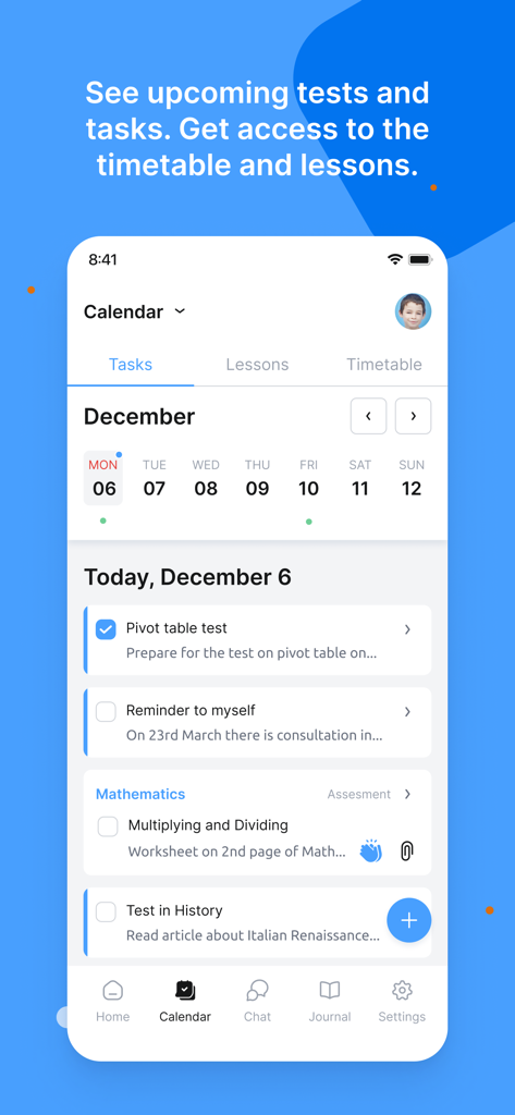 eKool - eKool app interface displaying a calendar with school tasks and tests