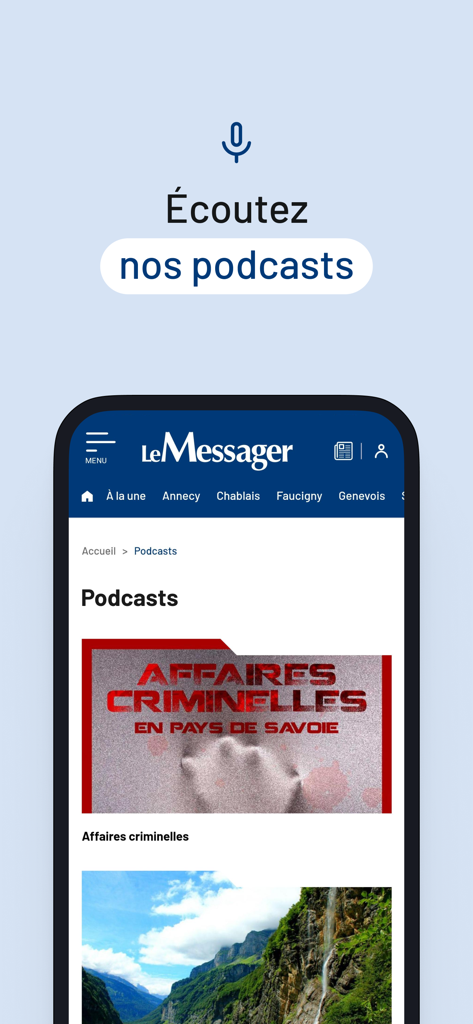Captura de pantalla de la aplicación Le Messager que muestra la sección de podcasts locales con la portada de una serie de crímenes reales