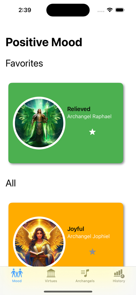 Angelical Coaching - La interfaz de la aplicación Angelical Coaching que muestra selecciones de estado de ánimo positivas asociadas con los Arcángeles Rafael y Jofiel.