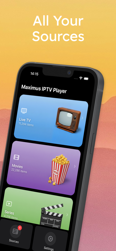 Maximus: IPTV Player M3U Cast - Maximus IPTV Player app screen showing Live TV Movies and Series categories