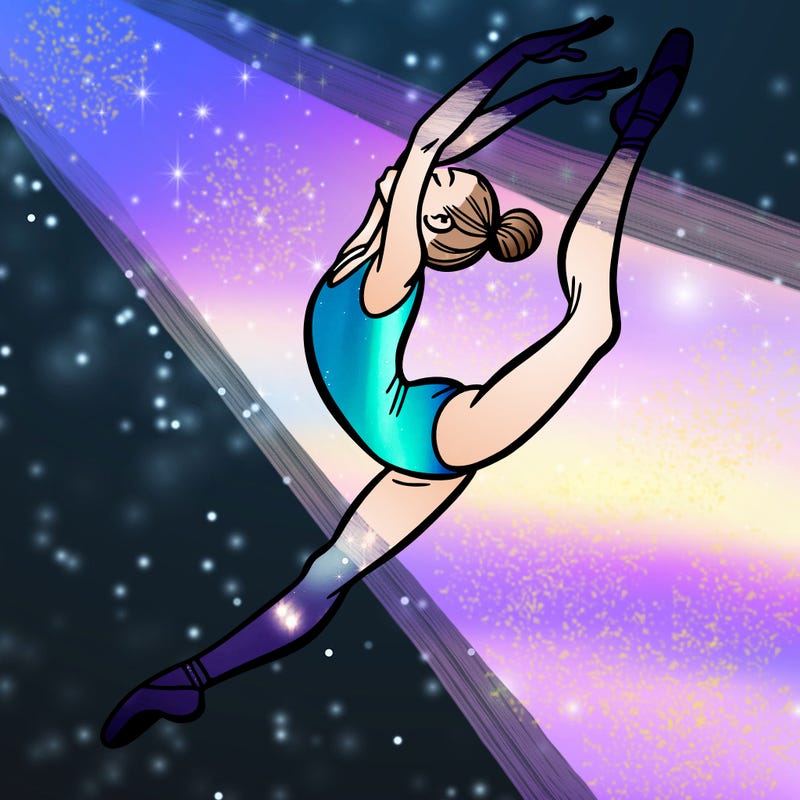 gymnast doing a leap in a leotard with a bent back leg