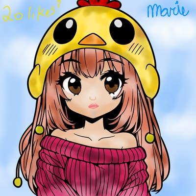 anime girl with chick shaped hat with sweater with bare shoulders with bangs covering them one eye with low tail