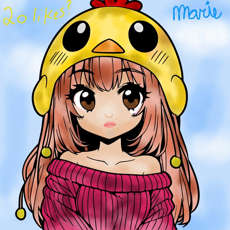 anime girl with chick shaped hat with sweater with bare shoulders with bangs covering them one eye with low tail