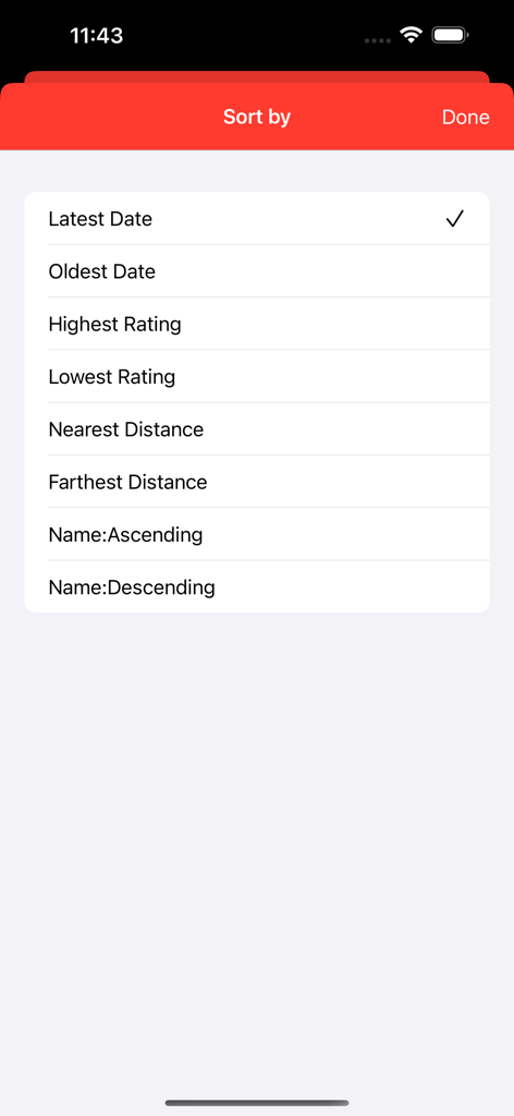 Fudo Note - Fudo Note 앱 화면으로 날짜, 평가, 거리별 식당 메모 정렬 옵션을 보여줍니다.