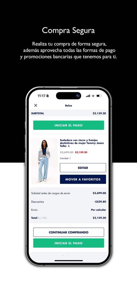 Tommy Hilfiger - Ropa en Línea - Tommy Hilfiger mobile app shopping cart showing a secure checkout screen with a sweatshirt and price details