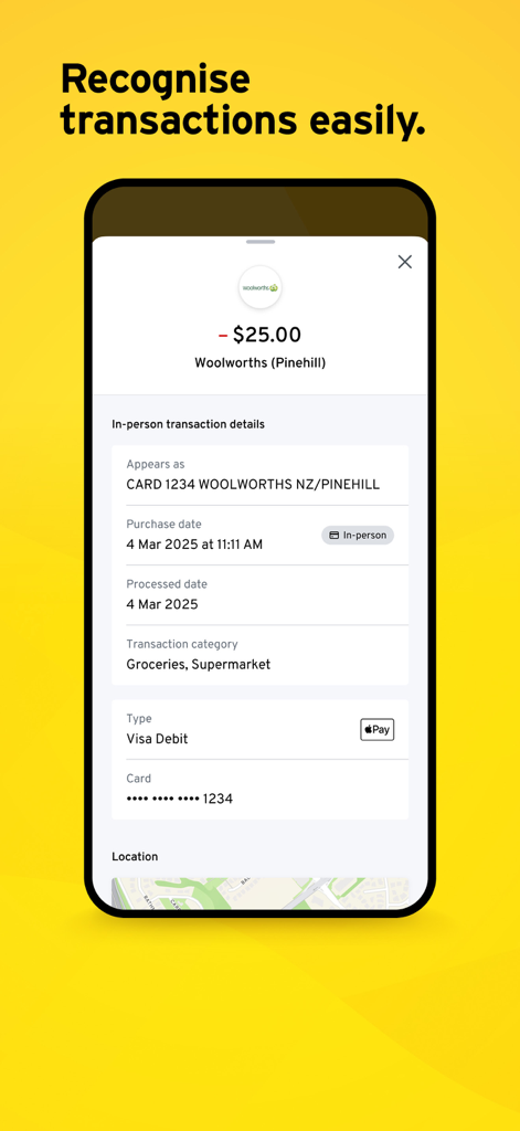 ASB Mobile Banking - A mobile screen showing detailed transaction information in the ASB Mobile Banking app including merchant logo spending category and location map
