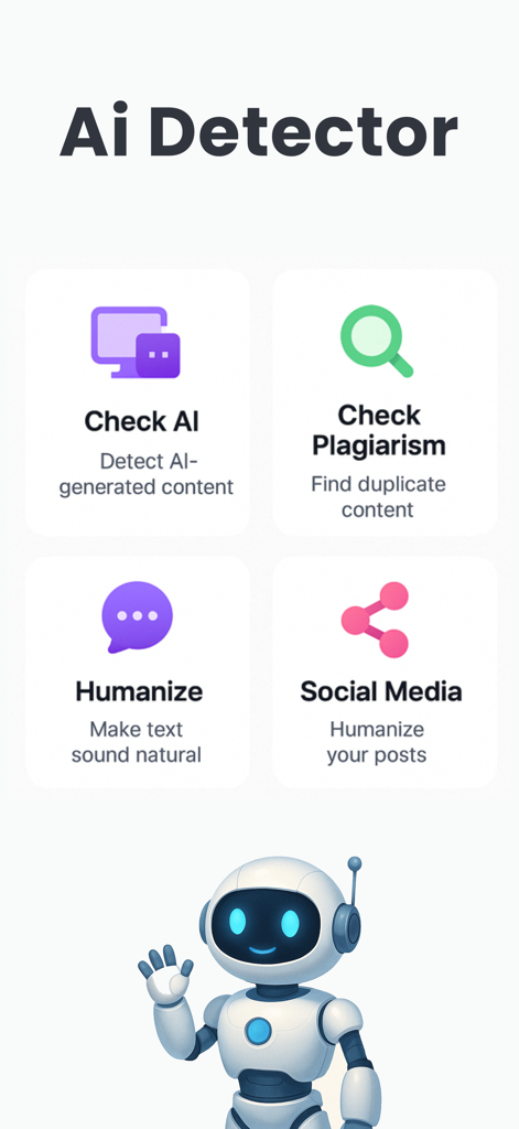 Humanize AI : AI Detector - Main dashboard of the Humanize AI app featuring tools for AI detection plagiarism checking and text humanization