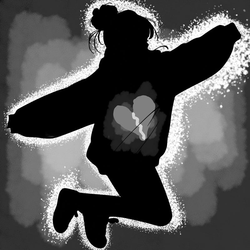 realistic girl jumping with a bun and oversized sweatshirt