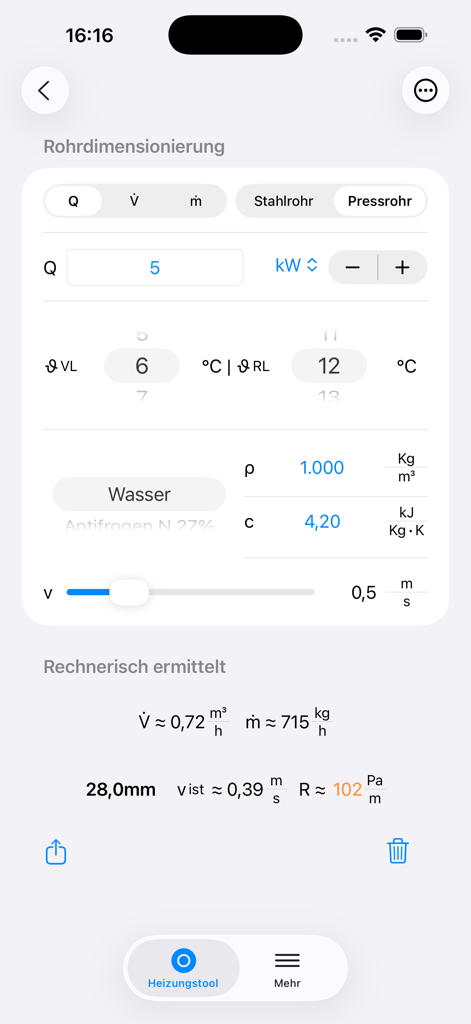 Technical mobile app interface for calculating pipe dimensions and flow parameters in heating systems.
