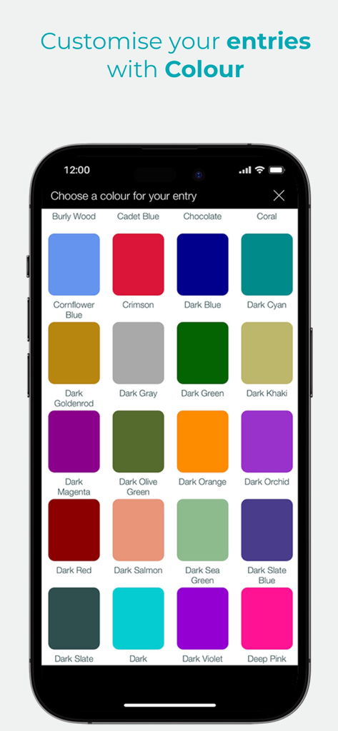 Qur'an And Me Journal - A screen showing a grid of various color options for customizing journal entries in the Quran and Me app