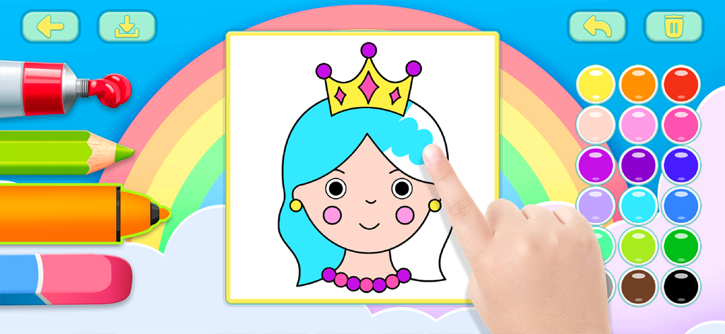 Coloring book Kids Art game - A child using a finger to color a princess illustration in the coloring book kids art game app