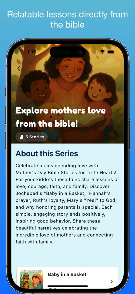 Kids Bible Stories app | Grace - Pantalla de la aplicación Grace que muestra historias bíblicas para niños sobre el amor de las madres.