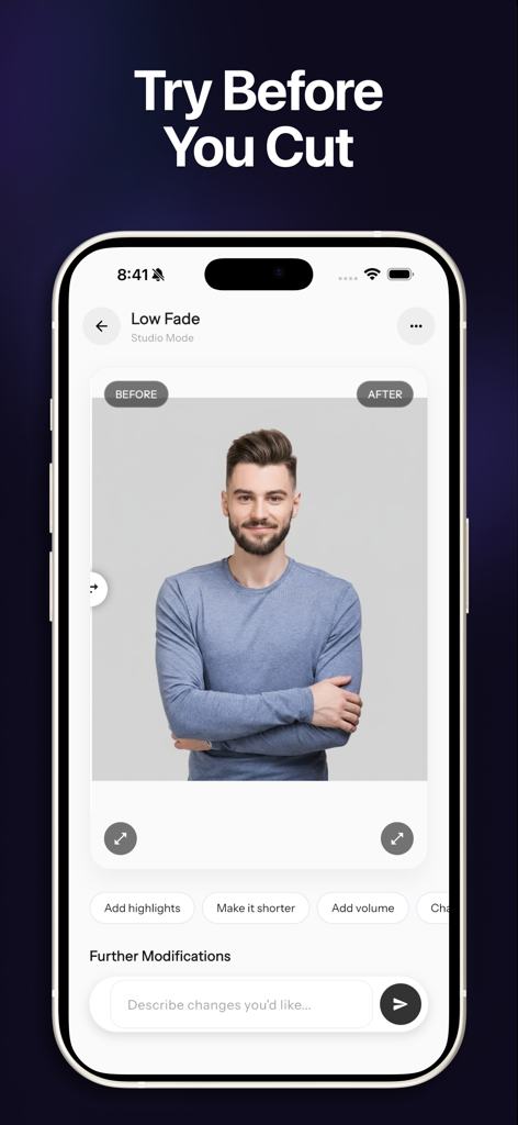 Hairstyle Try On & Hair AI - Hairstyle Try On app interface displaying an AI generated low fade haircut for men with styling options