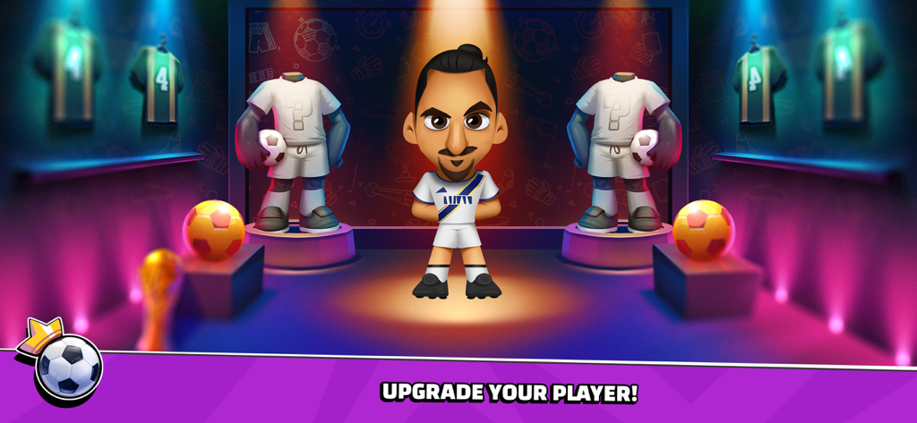 Super Soccer - 3V3 - Stylized soccer player character in a customization room with upgrade options