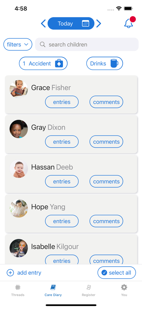 Tapestry Journal app interface displaying the Care Diary screen with a list of children and options to manage daily entries