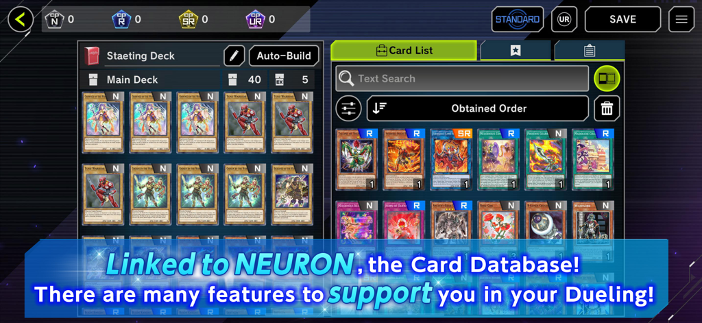 Interfaccia dell'editor di mazzi di Yu-Gi-Oh Master Duel con integrazione del database di carte Neuron.