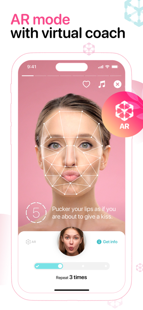 Facegym - Face Fitness Yoga - A woman performing face yoga exercises using the AR virtual coach in the Facegym app