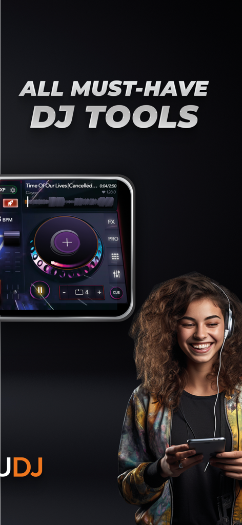 A smiling young woman wearing headphones and using the YouDJ app on her smartphone with a virtual turntable display