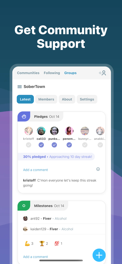 I Am Sober - I Am Sober アプリのインターフェースに、毎日の誓いと節酒のマイルストーンが表示されているコミュニティグループが表示されています。