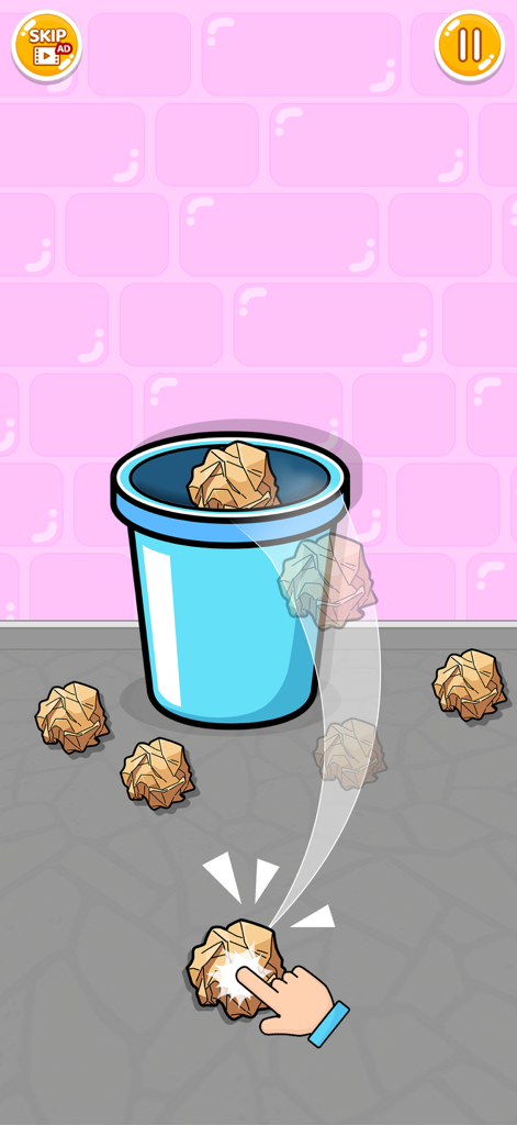 Tricky Tap - Finger Challenges - Hand flicking crumpled paper into a blue trash bin in a satisfying mini game