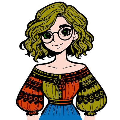 one girl with medium short hair, which are wavy. she has round glasses. she wears a latina outfit.