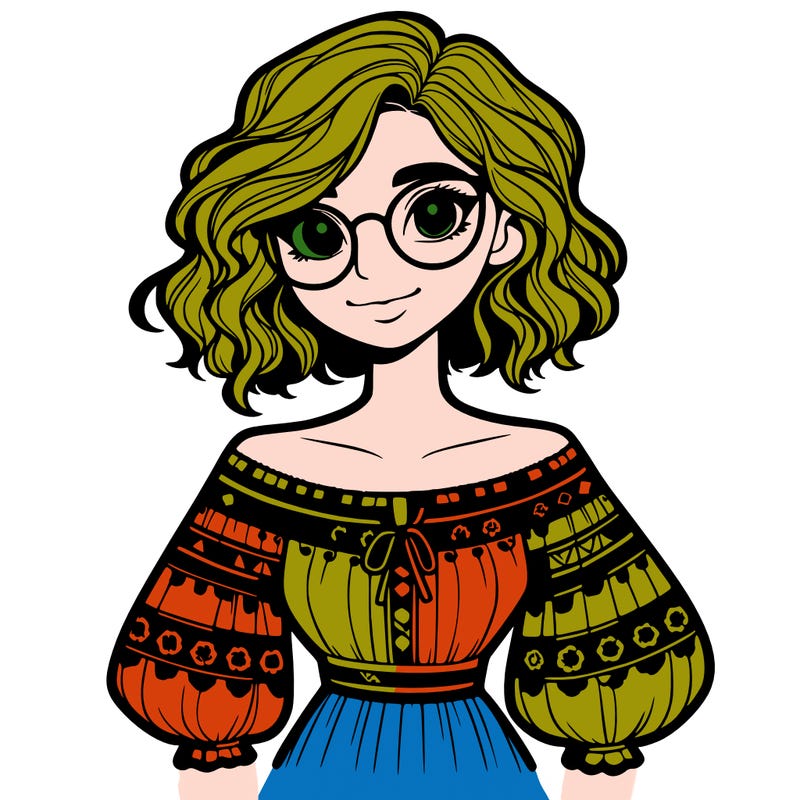 one girl with medium short hair, which are wavy. she has round glasses. she wears a latina outfit.