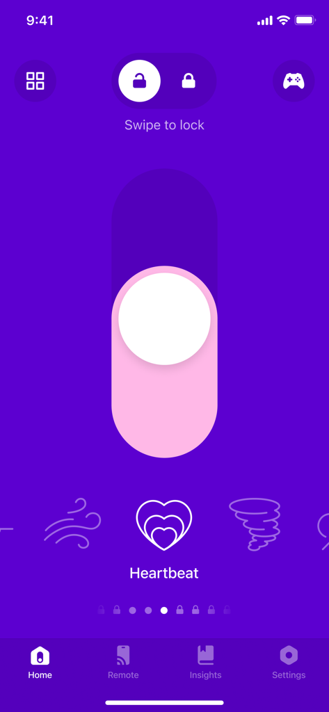 L'écran d'accueil de l'application Masseur présentant un motif de vibration de battement cardiaque et un curseur pour contrôler l'intensité