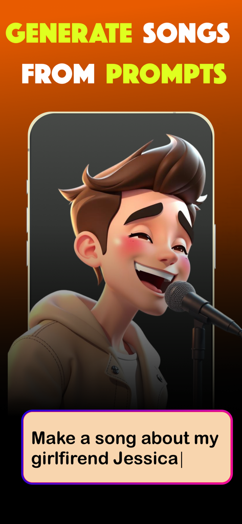 Music AI Song Generator, Cover - Mobile app interface showing a character singing and a text box with a prompt to create a personalized song using AI