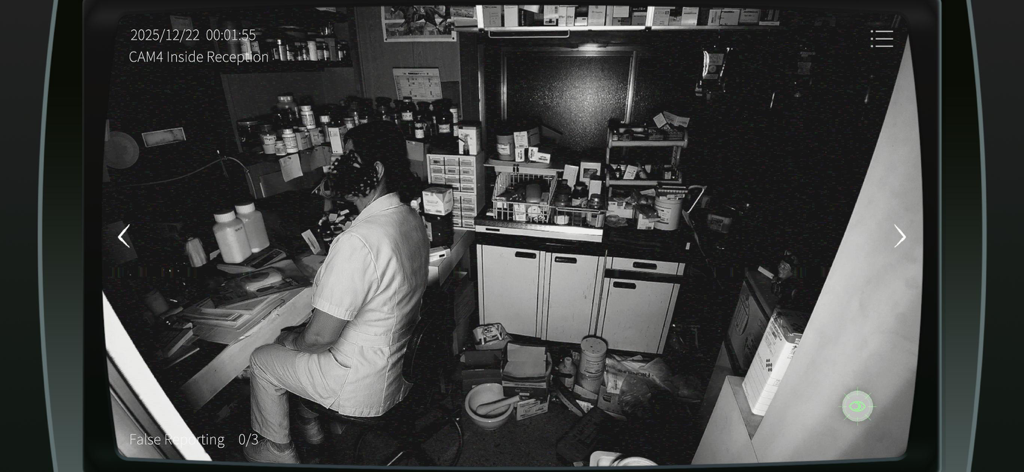 Black and white CCTV surveillance footage of a reception desk in Japan Stigmatized Property 2