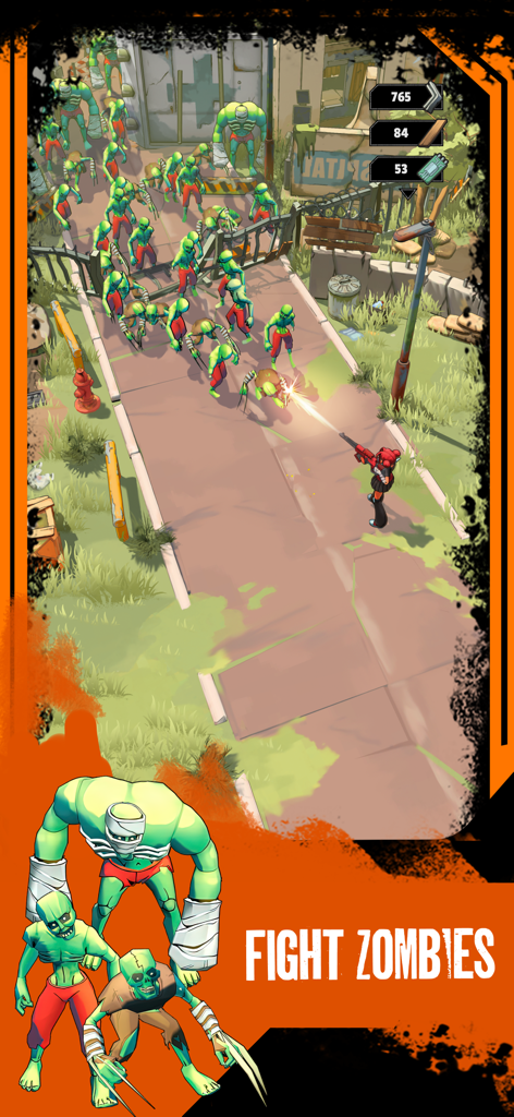 Character shooting a horde of green zombies in an urban street setting