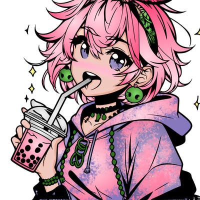 hot baddie anime girl drinking boba and biting the straw