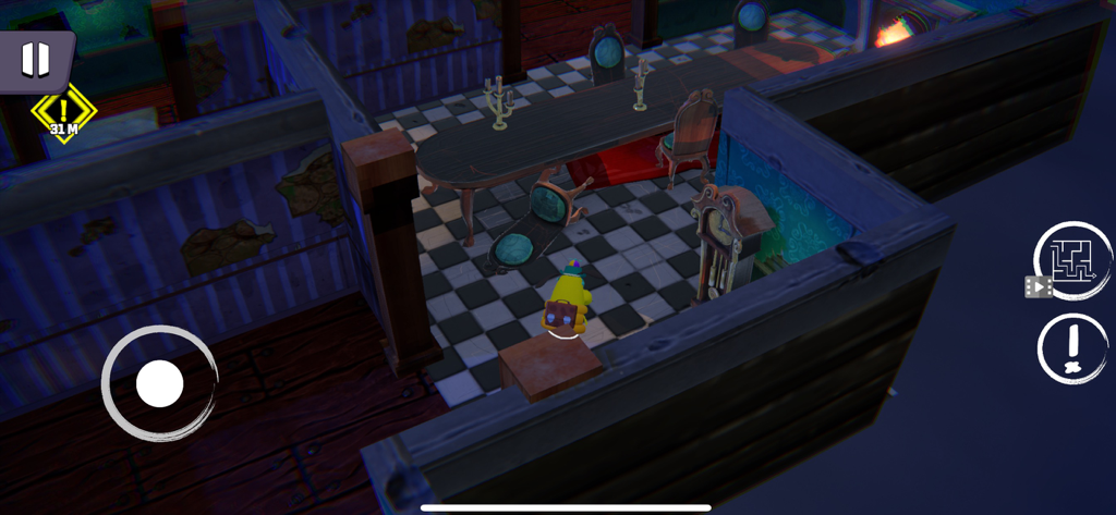 Um personagem de cachorro amarelo explora uma sala de jantar assustadora no jogo de terror Scary Dog