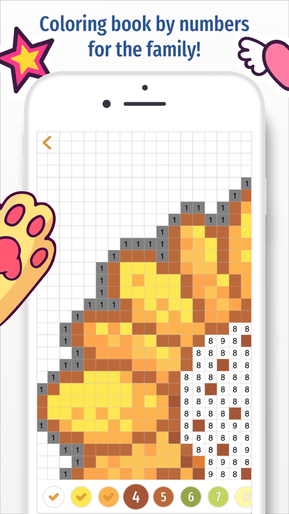 Color by number 2018 - FoxPix - Un smartphone mostrando una página para colorear de pixel art con cuadrados numerados y una paleta de colores en la parte inferior.