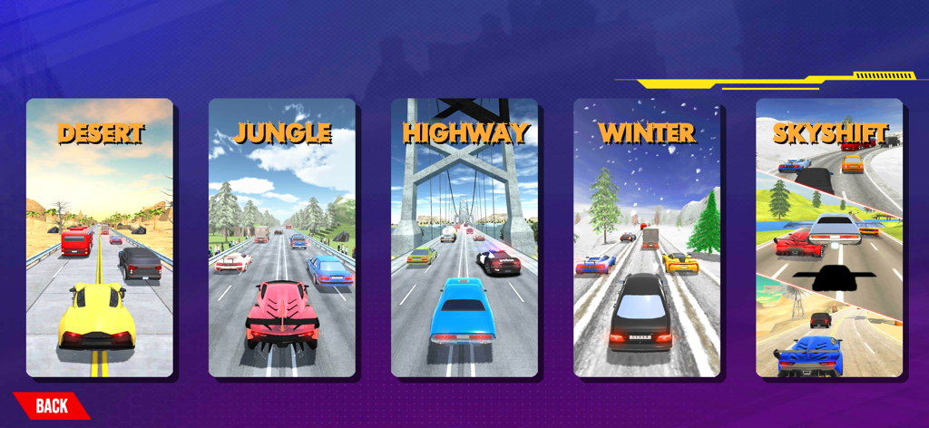 Highway Traffic Racer Car Ride - Selection menu for Highway Traffic Racer showing Desert Jungle Highway Winter and Skyshift environments
