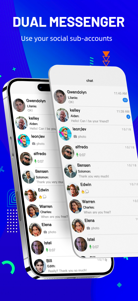 Group Channel for Telegram - Interface of the app showing dual messenger feature for multiple social sub-accounts on one device