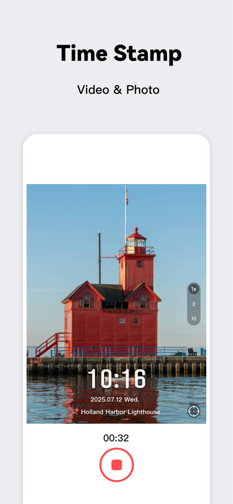 Screenshot of Timestamp Camera app recording a video with date and location watermarks on a lighthouse background