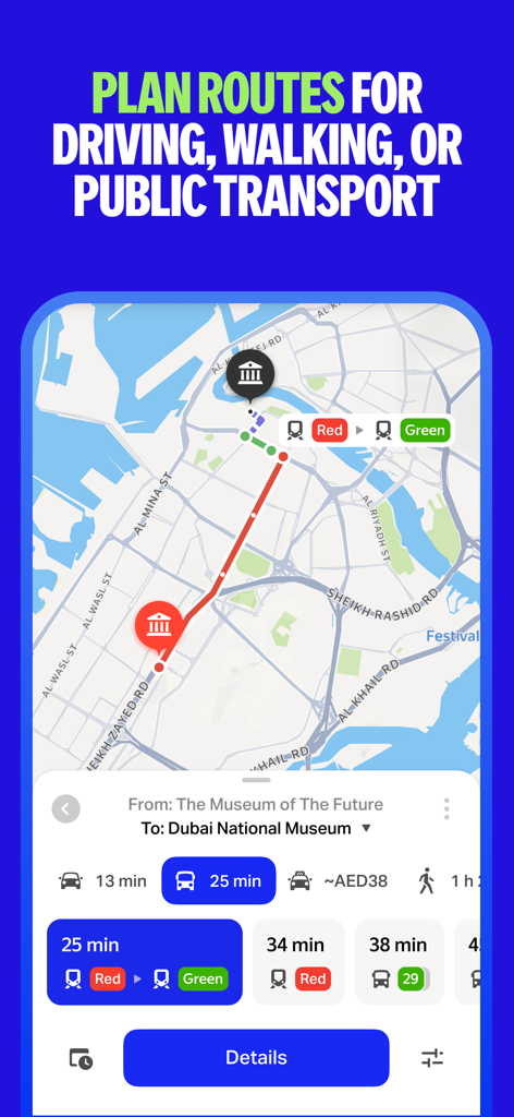 Yango Maps - Yango Maps interface displaying route options for driving walking and public transport in Dubai