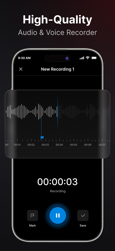 Voice Recorder : Voice Memos - Pantalla de la aplicación Grabadora de Voz mostrando una grabación de audio de alta calidad con una forma de onda y un temporizador de progreso