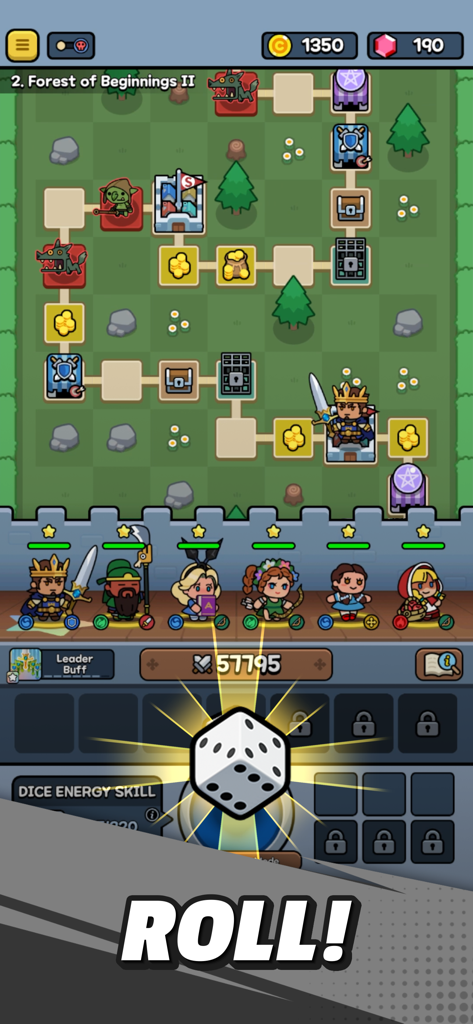 Mini Tales: GO! - Gameplay screenshot of Mini Tales GO showing a board game map and dice roll action