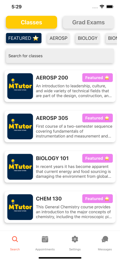MTutor - Interfaz de la aplicación MTutor que muestra una lista de búsqueda de clases de la Universidad de Michigan para tutoría entre compañeros, incluyendo Biología y Química.