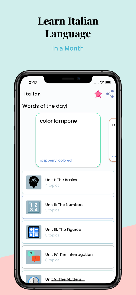 Learn Italian Language Easily - Learn Italian Language app screen showing daily vocabulary and lesson modules.