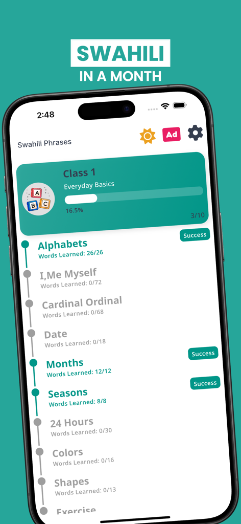 Learn Swahili Language Phrases - Screenshot of the Learn Swahili app showing a structured curriculum with topics like alphabets and months along with learning progress.