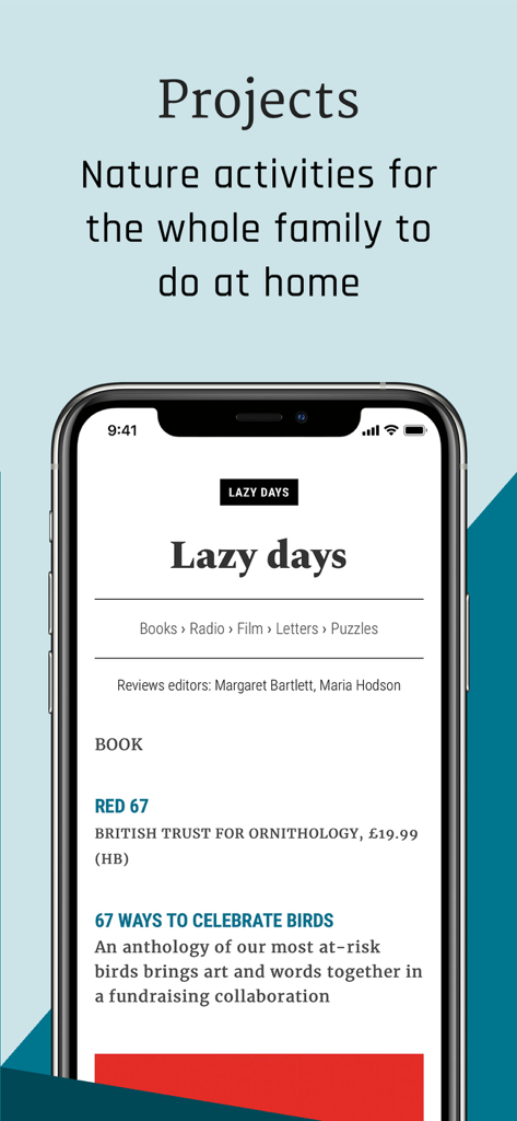 BBC Countryfile Magazine - BBC Countryfile Magazine app screen showing family nature projects and book reviews for leisure days.