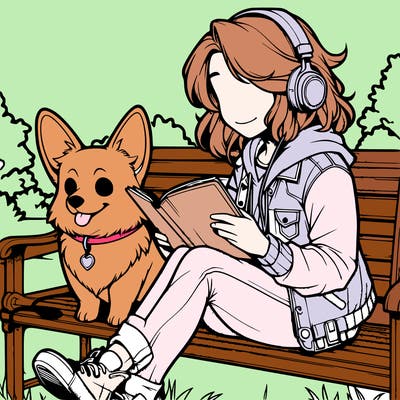 a girl sitting on a bench with a notebook studying with headphones on listening to lo-fi on a sunny day with her pet corgi next to her